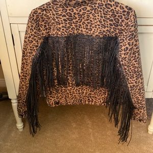 Leopard print upcycled fringe boutique jean jacket